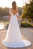 Ivory A Line Ruched Boho Sweep Train Chiffon Wedding Dress