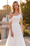 Ivory A Line Ruched Boho Sweep Train Chiffon Wedding Dress