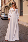 Ivory Ruffled Satin Boho Sweep Train Wedding Dress with Sleeves