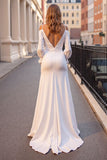 Ivory Ruffled Satin Boho Sweep Train Wedding Dress with Sleeves