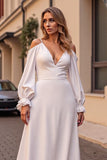 Ivory Ruffled Satin Boho Sweep Train Wedding Dress with Sleeves