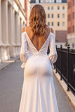 Ivory Ruffled Satin Boho Sweep Train Wedding Dress with Sleeves