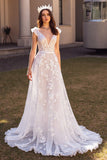 Ivory Cap Sleeves Tulle Sweep Train Wedding Dress with Appliques