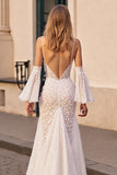 Ivory Lace Boho Mermaid Sweep Train Wedding Dress with Sleeves