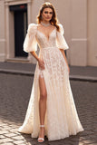 Ivory Corset Sweep Train Lace Wedding Dress with Sleeves