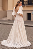 Ivory Corset Sweep Train Lace Wedding Dress with Sleeves