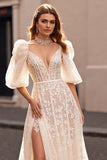 Ivory Corset Sweep Train Lace Wedding Dress with Sleeves