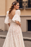 Ivory Corset Sweep Train Lace Wedding Dress with Sleeves