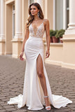 Ivory Mermaid V-Neck Satin Sweep Train Wedding Dress with Slit
