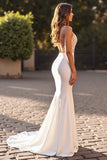 Ivory Mermaid V-Neck Satin Sweep Train Wedding Dress with Slit