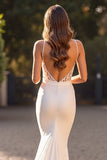 Ivory Mermaid V-Neck Satin Sweep Train Wedding Dress with Slit