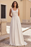 Ivory A Line Scoop Neck Satin Boho Wedding Dress with Appliques