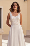 Ivory A Line Scoop Neck Satin Boho Wedding Dress with Appliques