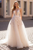 Ivory Spaghetti Straps Tulle Sweep Train Wedding Dress with Appliques