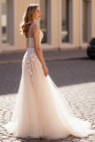 Ivory Spaghetti Straps Tulle Sweep Train Wedding Dress with Appliques
