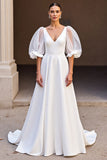 Ivory V-Neck Satin A Line Sweep Train Wedding Dress with Sleeves