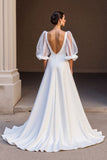Ivory V-Neck Satin A Line Sweep Train Wedding Dress with Sleeves