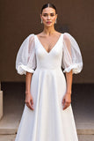 Ivory V-Neck Satin A Line Sweep Train Wedding Dress with Sleeves