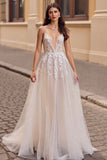 Ivory Deep V-Neck Boho Tulle Sweep Train Wedding Dress with Appliques