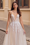Ivory Deep V-Neck Boho Tulle Sweep Train Wedding Dress with Appliques