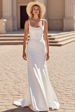 Ivory Sheath Boho Satin Sweep Train Wedding Dress