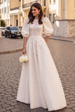 Ivory Corset A Line Half Sleeves Satin Vintage Wedding Dress with Appliques