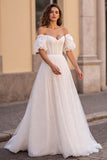 Ivory Tulle Corset Puff Sleeves A Line Wedding Dress