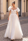 Ivory Tulle Corset Puff Sleeves A Line Wedding Dress