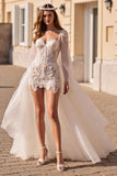 Ivory Long Sleeves Tulle Watteau Train Corset Wedding Dress with Lace