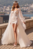 Ivory Long Sleeves Tulle Watteau Train Corset Wedding Dress with Lace