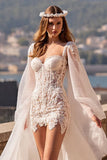 Ivory Long Sleeves Tulle Watteau Train Corset Wedding Dress with Lace