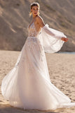 Ivory Backless Tulle Sweep Train Wedding Dress with Sleeves