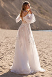 Ivory Backless Tulle Sweep Train Wedding Dress with Sleeves
