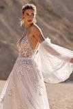Ivory Backless Tulle Sweep Train Wedding Dress with Sleeves