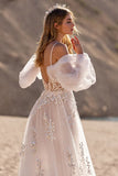 Ivory Backless Tulle Sweep Train Wedding Dress with Sleeves