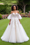 Ivory Ruffled Tulle Corset A Line Sweep Train Wedding Dress with Sleeves