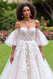 Ivory Ruffled Tulle Corset A Line Sweep Train Wedding Dress with Sleeves