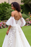Ivory Ruffled Tulle Corset A Line Sweep Train Wedding Dress with Sleeves