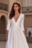 Simple Ivory V-Neck Satin 3/4 Sleeves A Line Sweep Train Wedding Dress