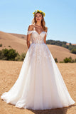 Tulle Ivory Corset A-Line Sweep Train Wedding Dress with Lace