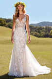 Ivory Mermaid Corset Lace Sweep Train Wedding Dress