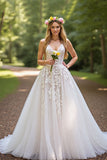 Ivory A-Line Corset Tulle Sweep Train Wedding Dress with Lace