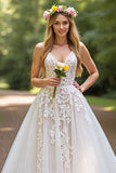 Ivory A-Line Corset Tulle Sweep Train Wedding Dress with Lace