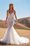 Tulle Mermaid Ivory Sweep Train Wedding Dress with Lace