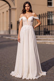Ivory Boho Corset Sweep Train Chiffon Wedding Dress with Appliques