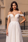 Ivory Boho Corset Sweep Train Chiffon Wedding Dress with Appliques