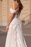 Ivory Boho Corset Sweep Train Chiffon Wedding Dress with Appliques