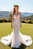 Ivory Lace Mermaid Corset Spaghetti Straps Sweep Train Wedding Dress