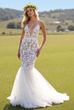 Lace Ivory Deep V-Neck Mermaid Sweep Train Wedding Dress