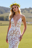 Lace Ivory Deep V-Neck Mermaid Sweep Train Wedding Dress